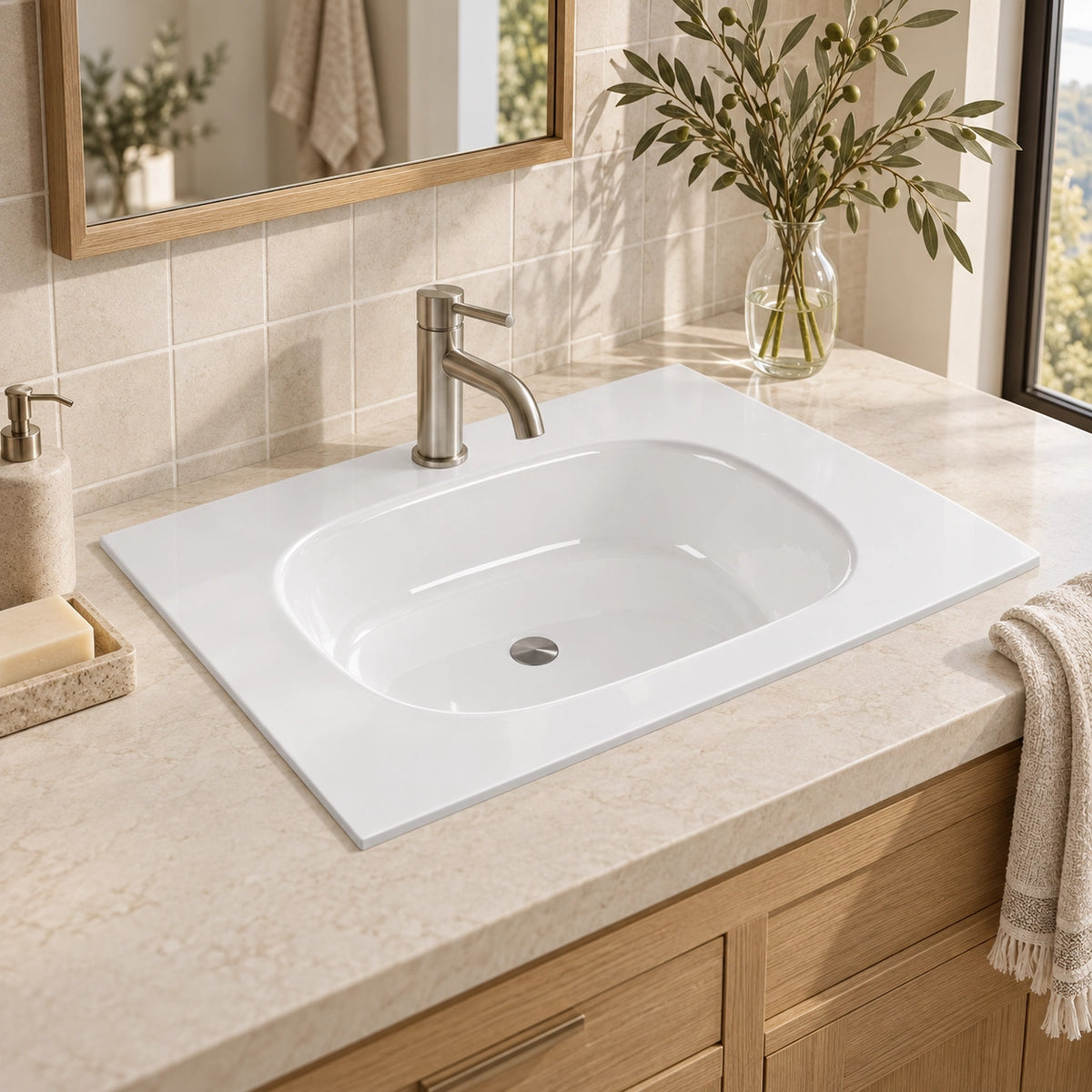 White Oval Tempered Glass Undermount Bathroom Sink, angled view of modern bathroom vanity with natural tile wall
