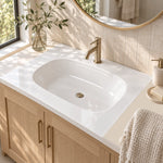 White Oval Tempered Glass Undermount Bathroom Sink, overhead lifestyle view