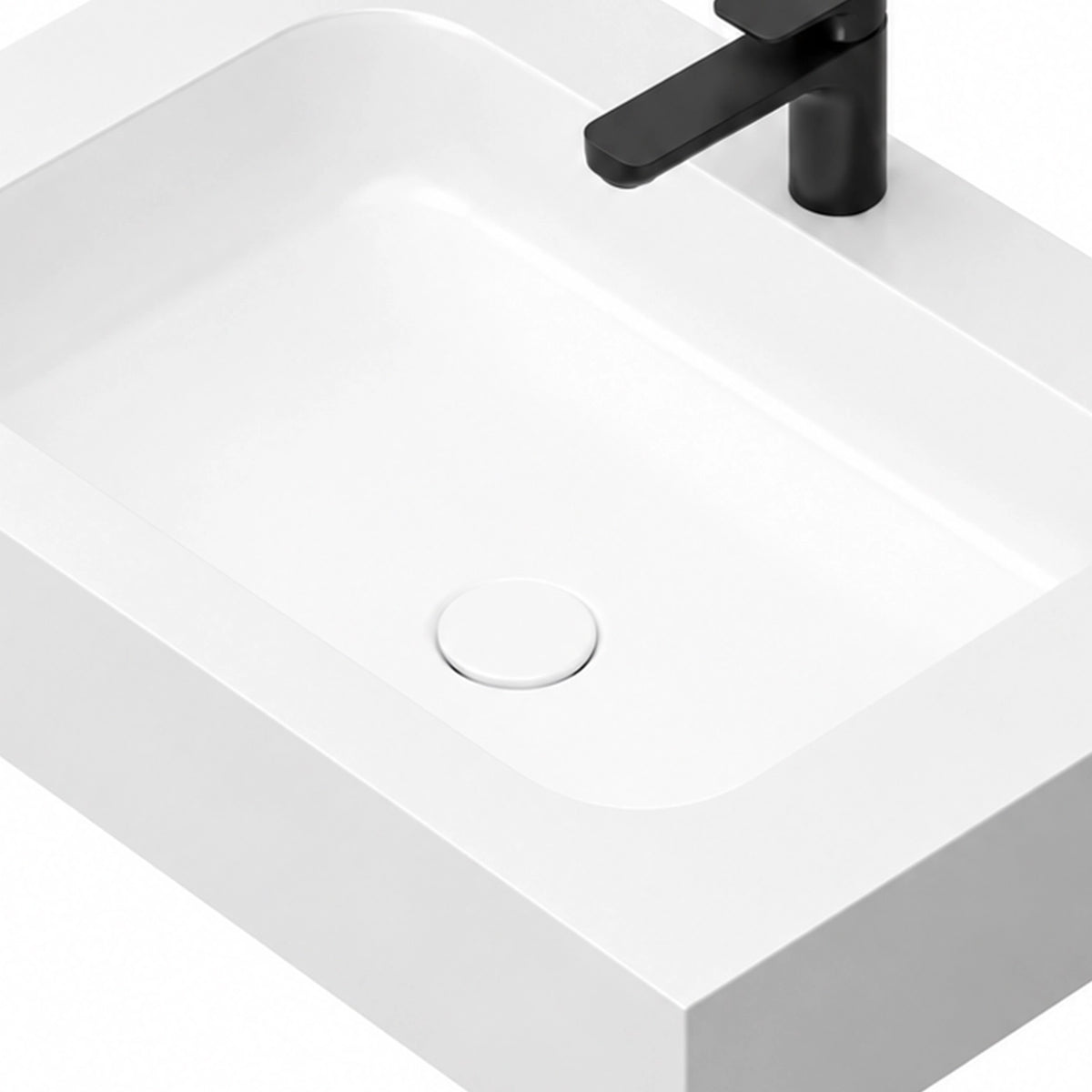 Platinum White Rectangular Sintered Stone Wall-Mount Bathroom Sink, closeup of basin and drain