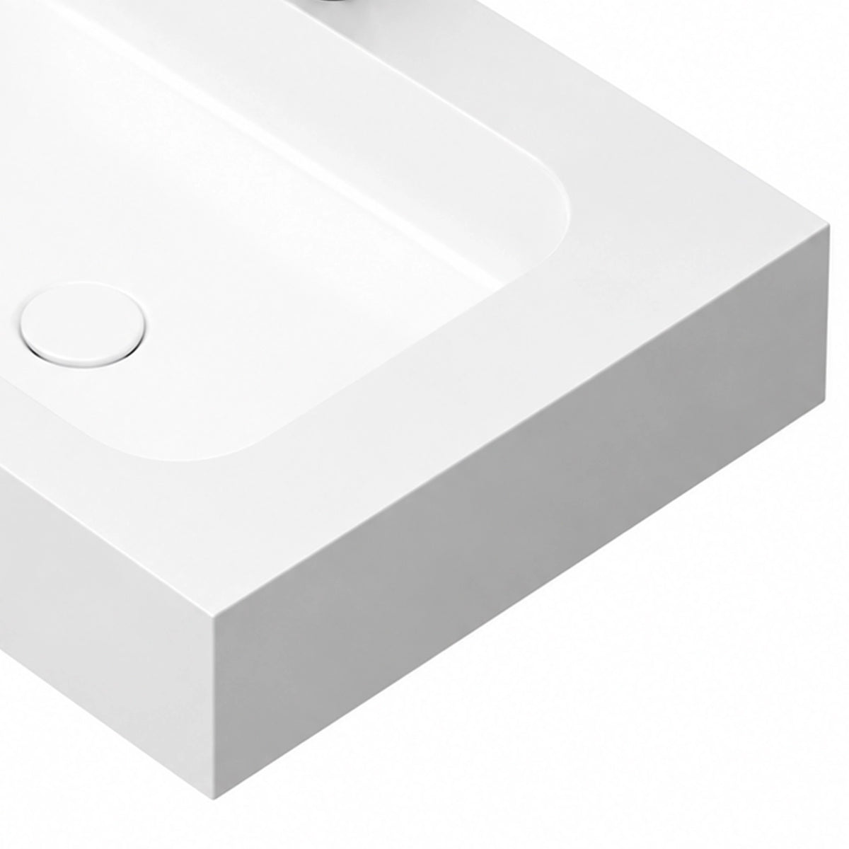 Platinum White Rectangular Sintered Stone Wall-Mount Bathroom Sink, closeup of thick solid edge