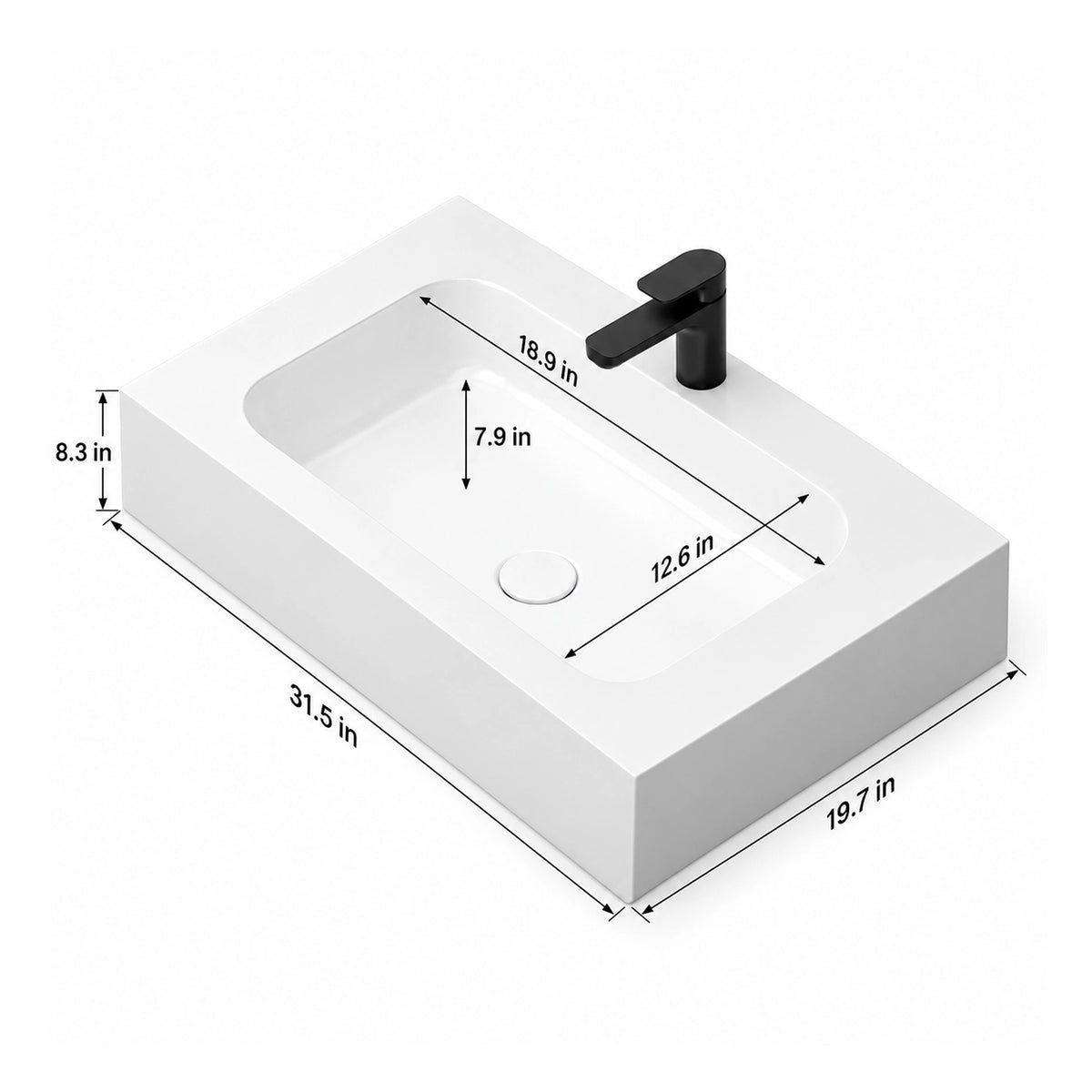 Platinum White Rectangular Sintered Stone Wall-Mount Bathroom Sink dimension diagram, marked dimensions: 31.5"L ×19.7"W ×8.3"H, basin 18.9"L ×12.6"W ×7.9"D