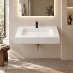 Platinum White Rectangular Sintered Stone Wall-Mount Bathroom Sink, installed in minimalist modern bathroom