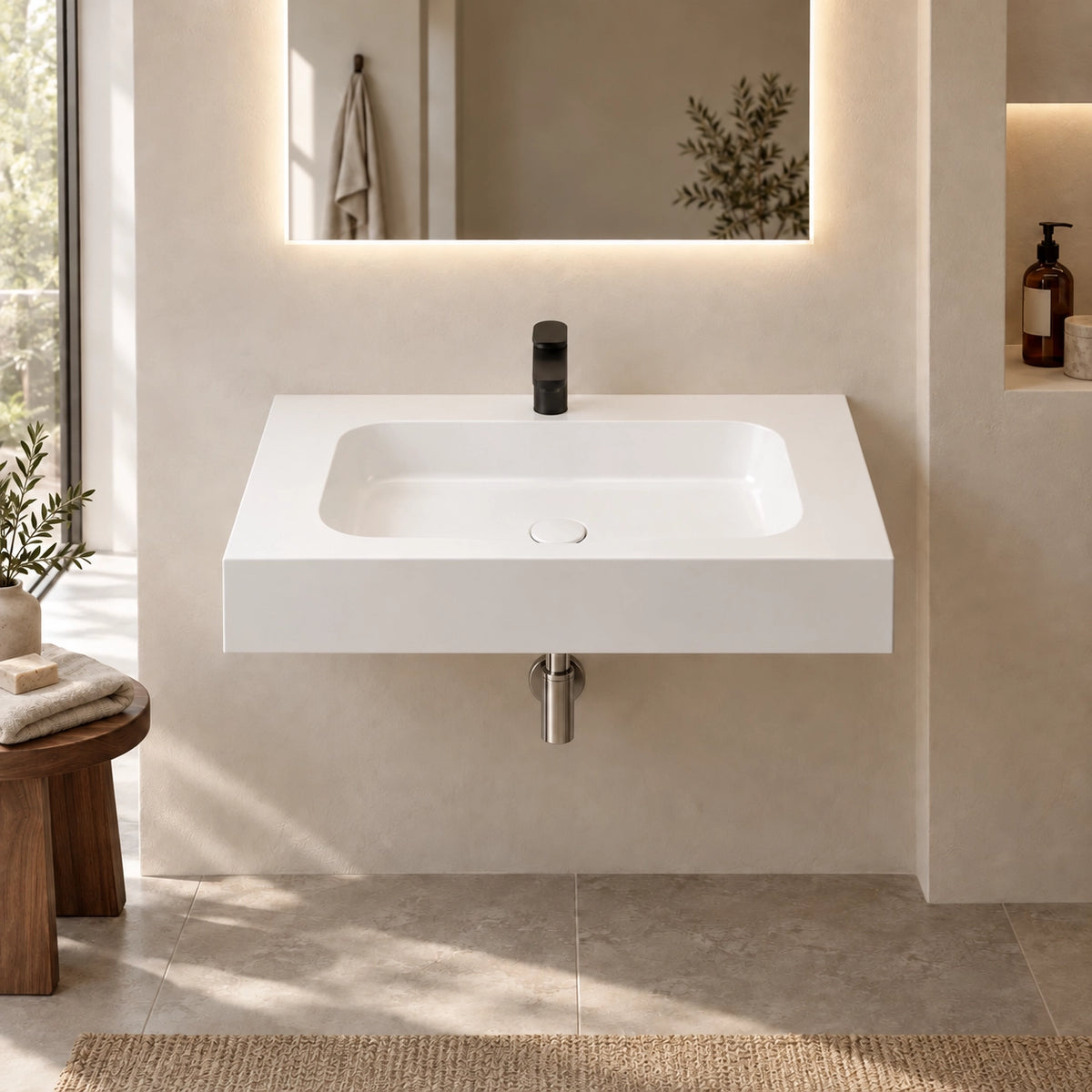 Platinum White Rectangular Sintered Stone Wall-Mount Bathroom Sink, installed in minimalist modern bathroom
