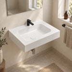 Platinum White Rectangular Sintered Stone Wall-Mount Bathroom Sink, corner bathroom installation scene