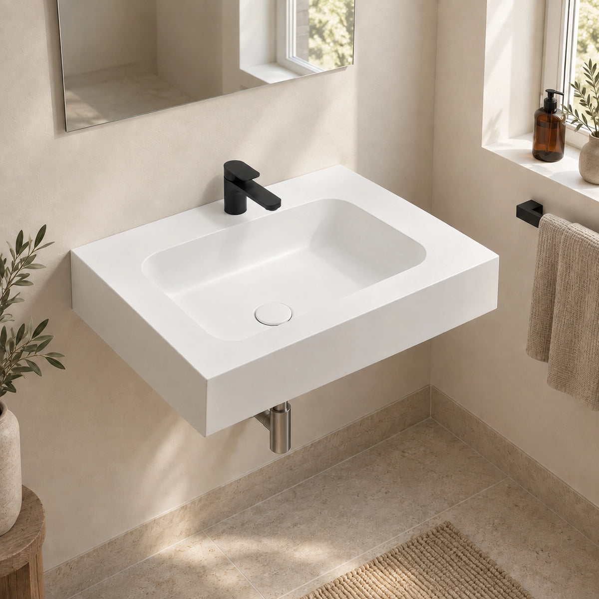 Platinum White Rectangular Sintered Stone Wall-Mount Bathroom Sink, corner bathroom installation scene