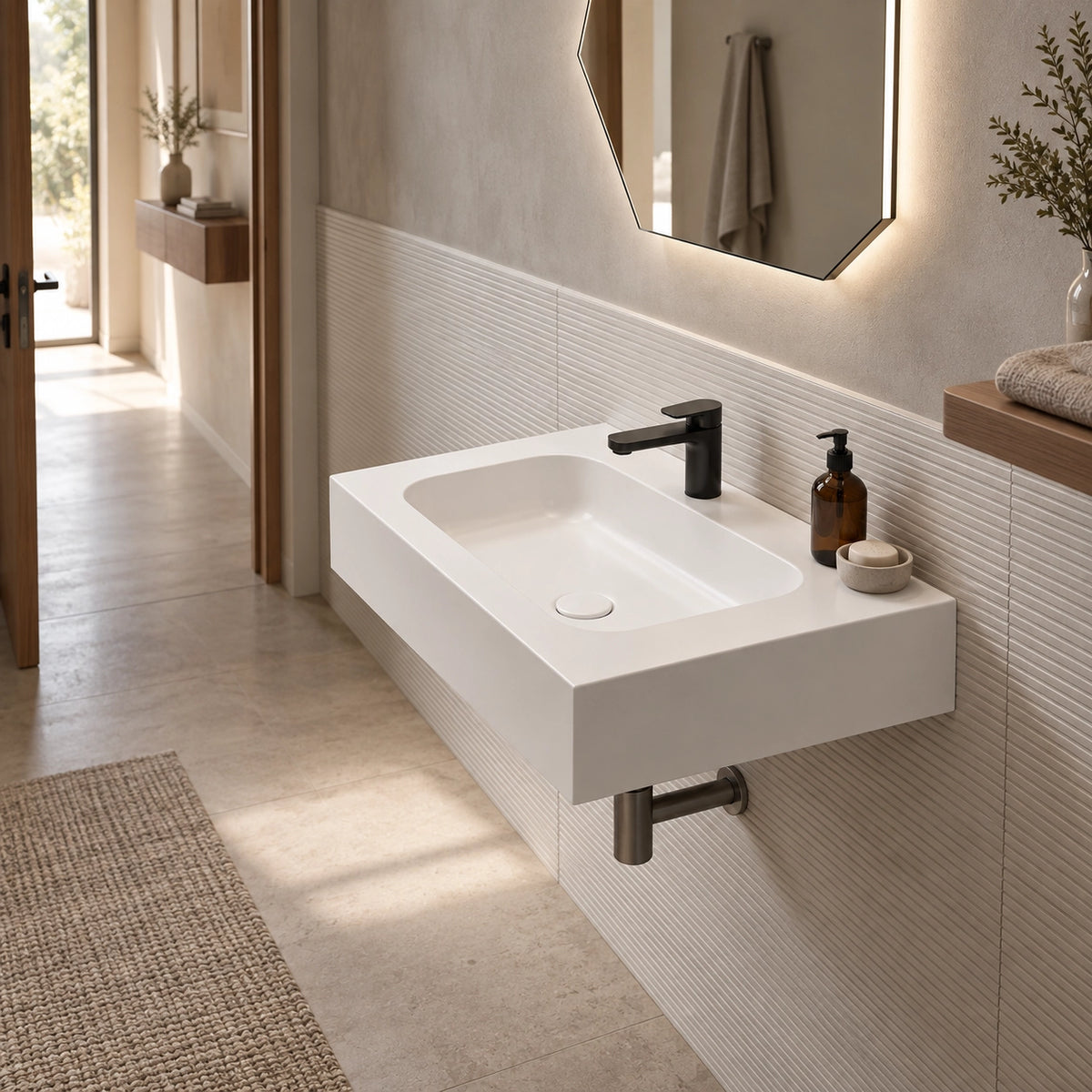 Platinum White Rectangular Sintered Stone Wall-Mount Bathroom Sink, wide view bathroom lifestyle photo