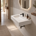 Platinum White Rectangular Sintered Stone Wall-Mount Bathroom Sink, wide view bathroom lifestyle photo