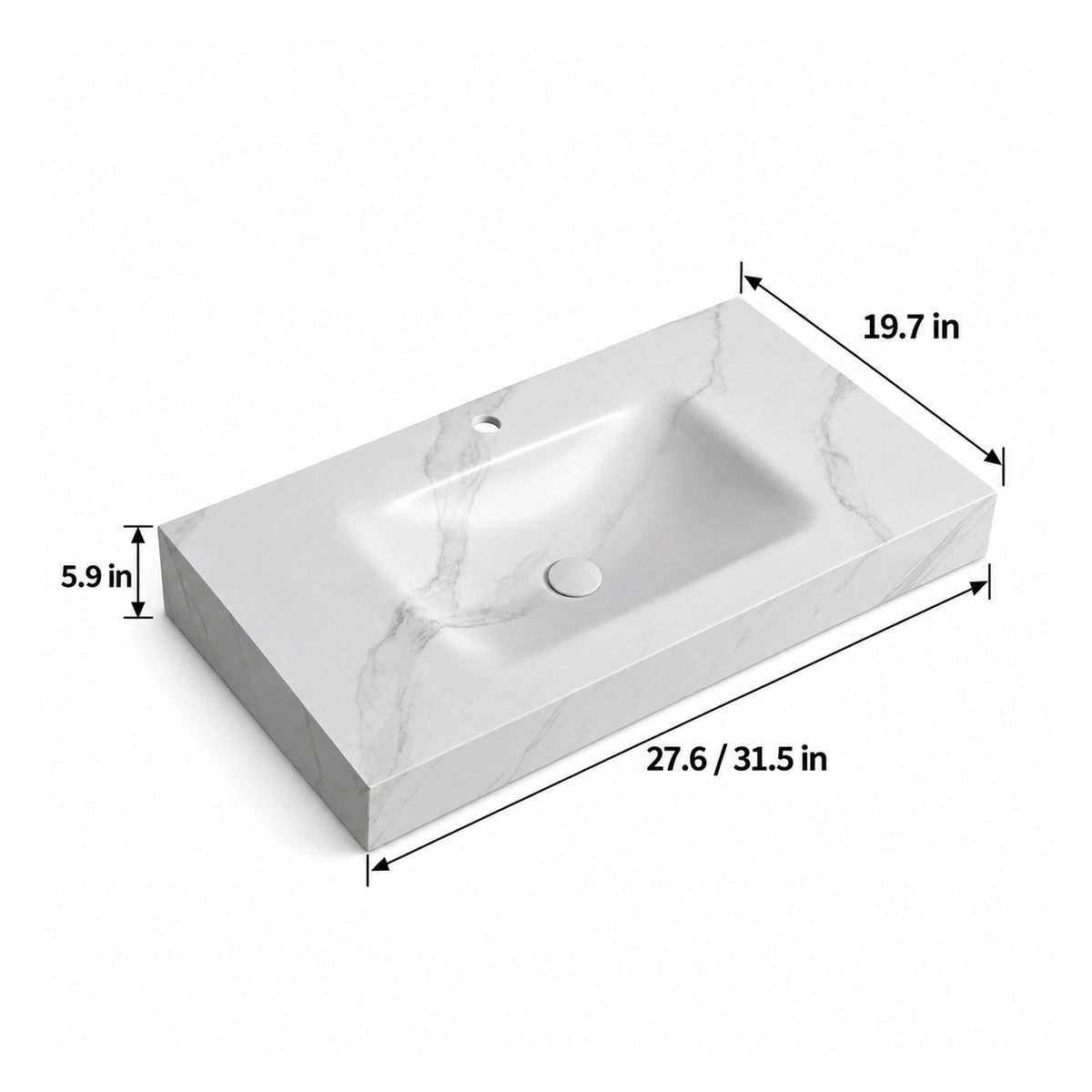 Calacatta White Sintered Stone Undermount Sink dimension diagram, 2 size options 27.6"/31.5"L