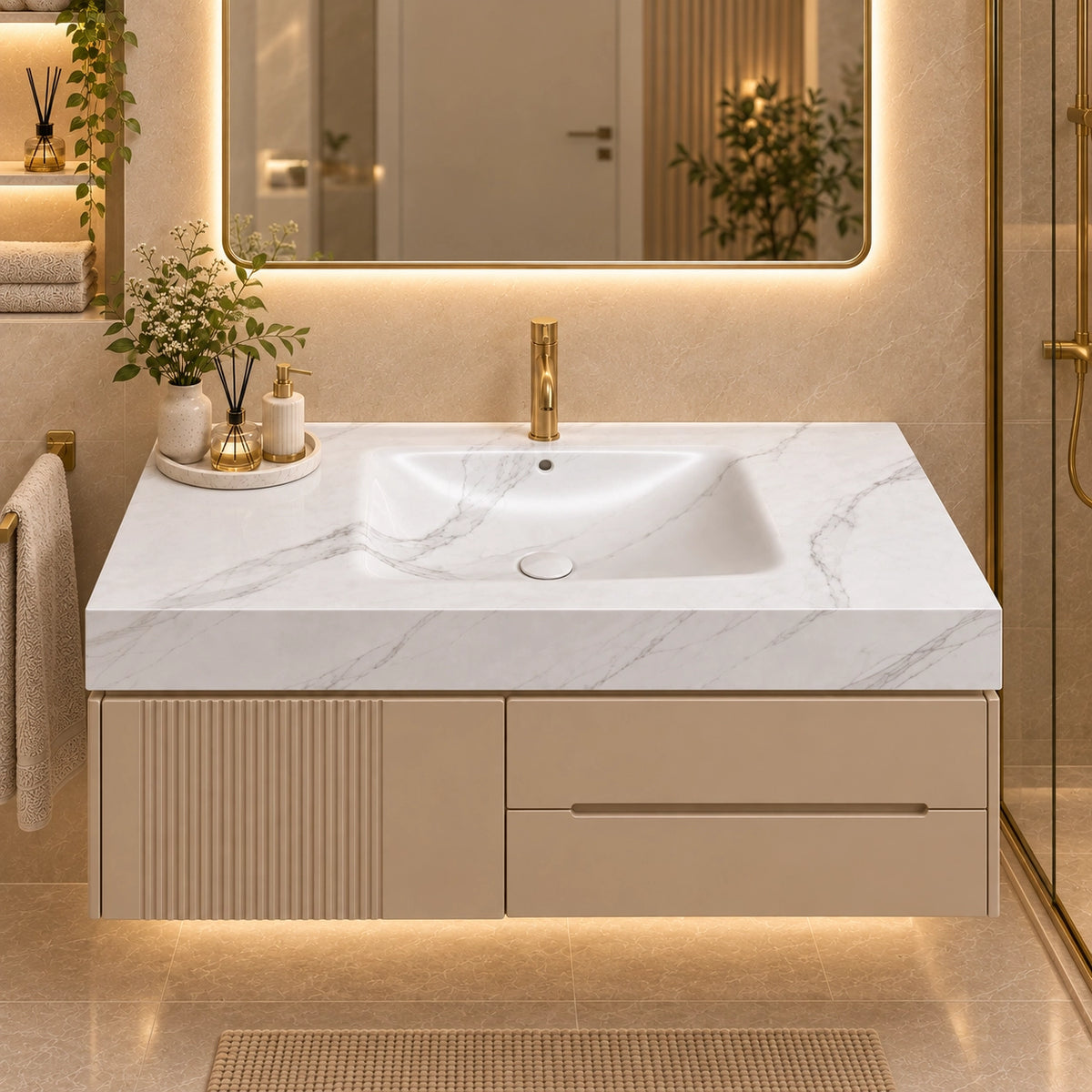 Calacatta White Sintered Stone Rectangular Undermount Bathroom Sink, warm modern bathroom lifestyle scene