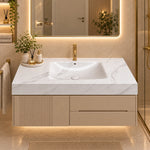 Calacatta White Sintered Stone Rectangular Undermount Bathroom Sink, warm modern bathroom lifestyle scene