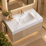 Calacatta White sintered stone undermount sink, high angle bathroom lifestyle shot