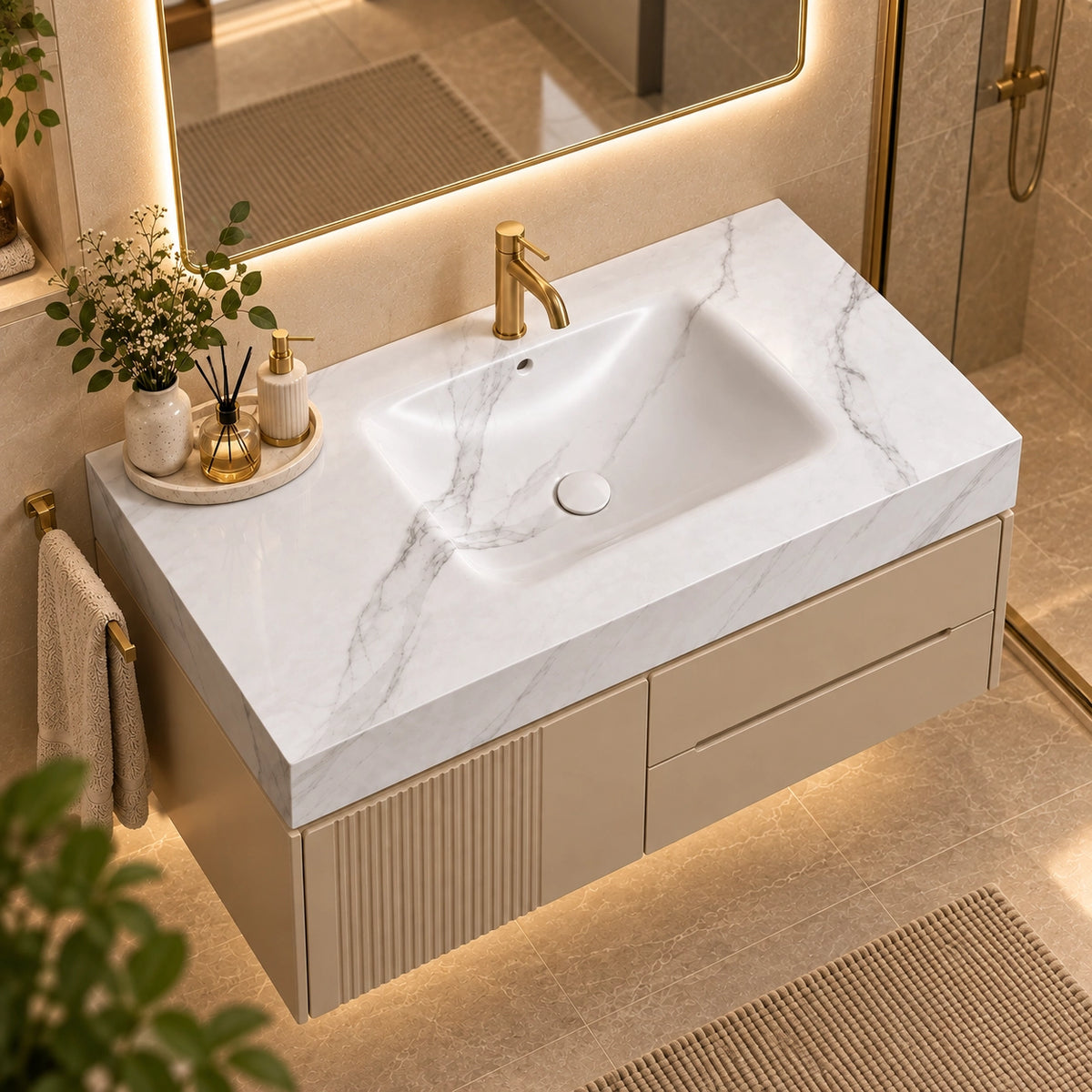 Calacatta White sintered stone undermount sink, high angle bathroom lifestyle shot
