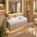 Calacatta White sintered stone undermount sink, complete luxury bathroom scene