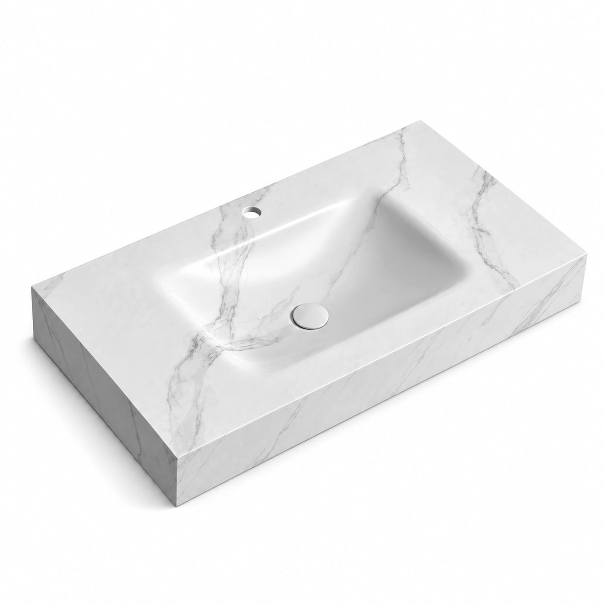 Rectangular single basin bathroom sink, Calacatta white sintered stone, 27.6 inch