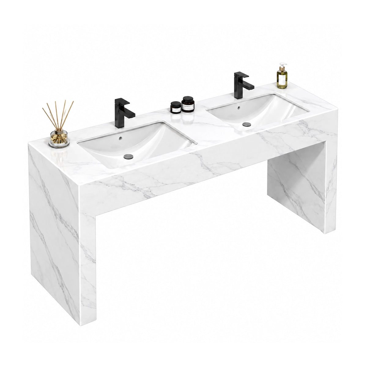 Rectangular console double basin bathroom sink, Ariston white engineered stone