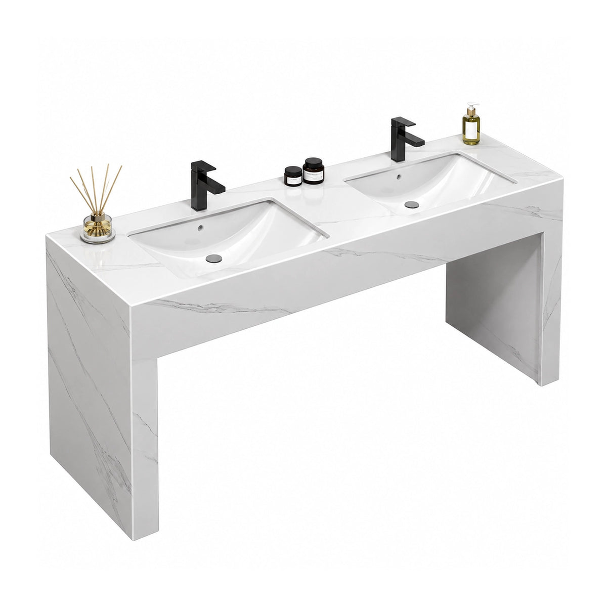 Rectangular console double basin bathroom sink, Calacatta white engineered stone