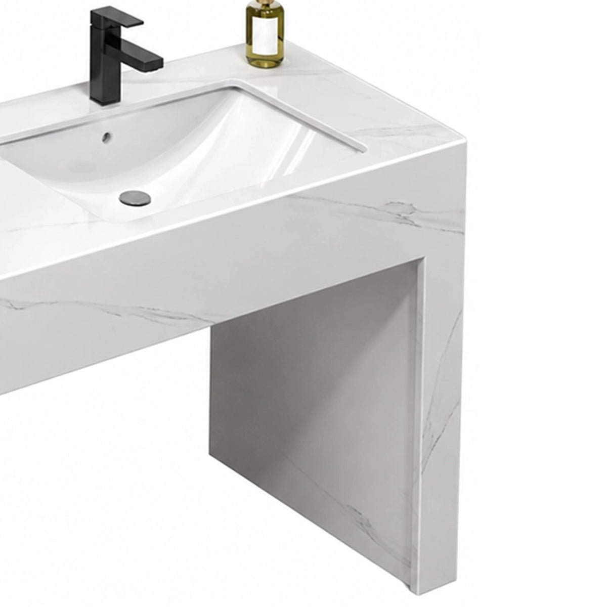 Engineered stone console sink corner detail, marble veining and black faucet