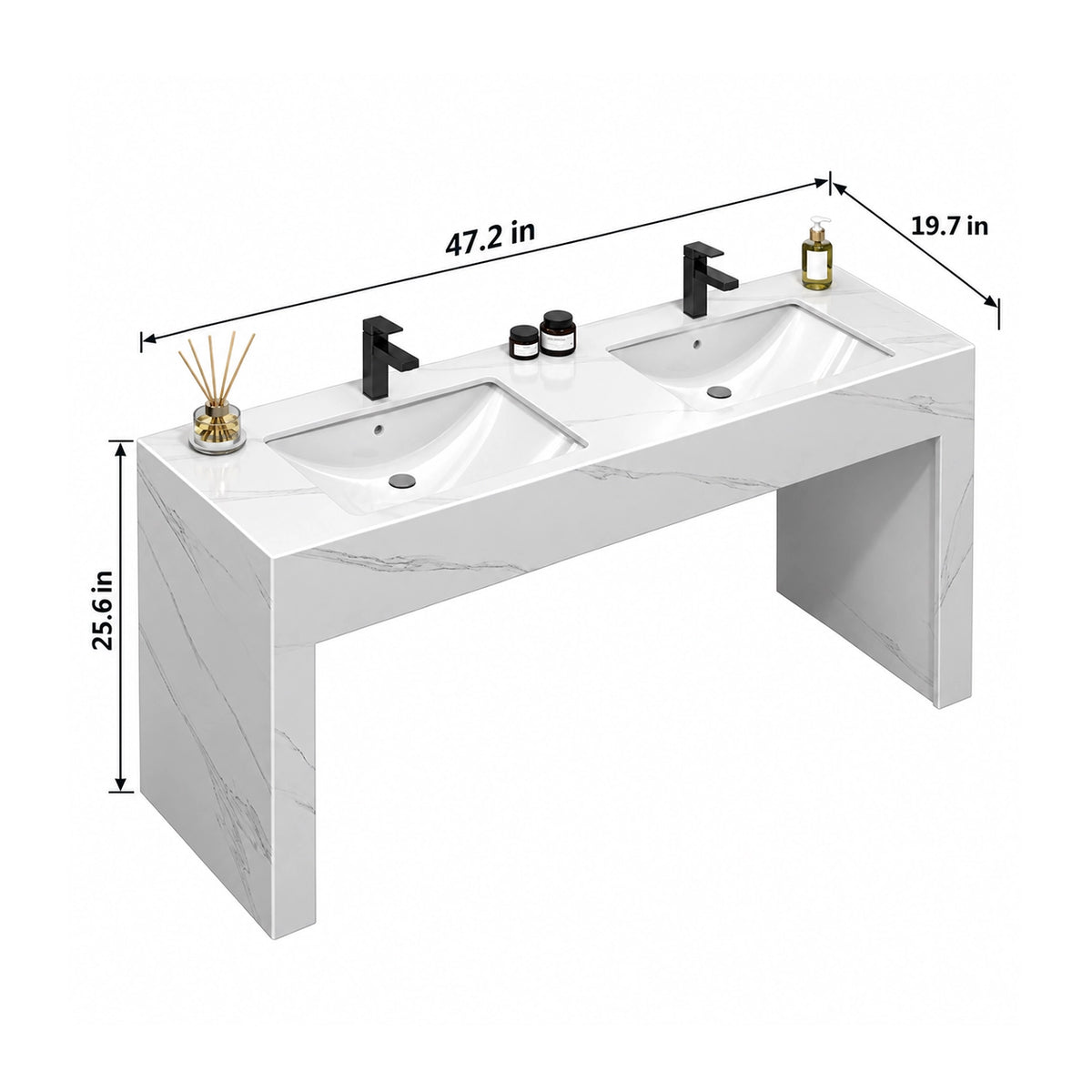 Rectangular console double basin sink, dimension drawing, 47.2"L ×19.7"W ×25.6"H