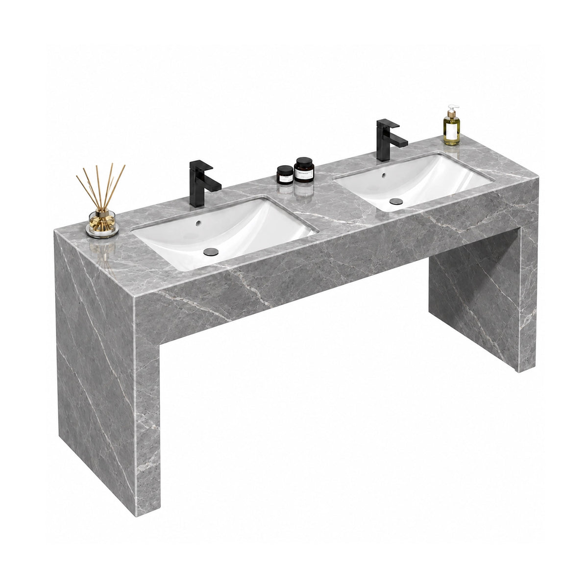 Rectangular console double basin bathroom sink, Galley grey engineered stone