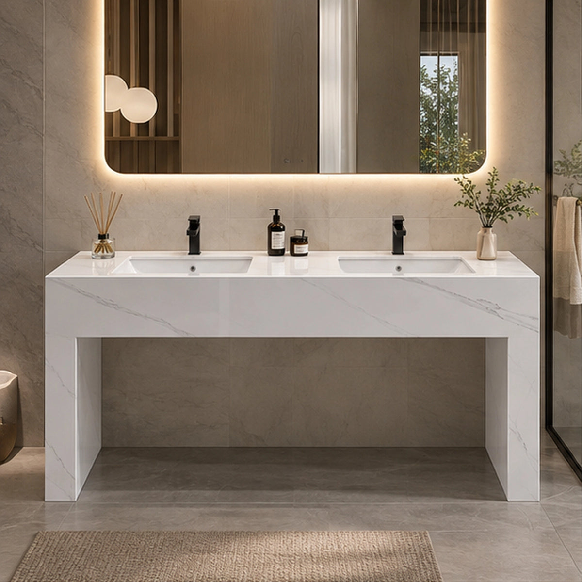 Rectangular console double basin sink, modern bathroom vanity scene