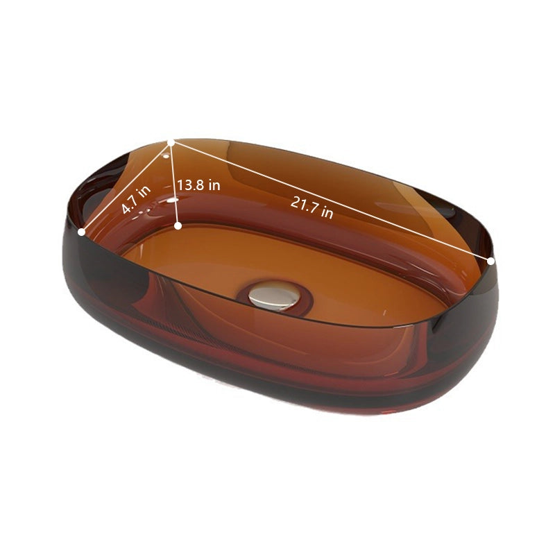 Dimensions of an orange-red oval resin vessel bathroom sink, 21.7 inches wide, 13.8 inches front to back, with a 4.7-inch basin depth
