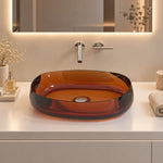 Orange-red oval resin vessel bathroom sink displayed on a modern vanity countertop
