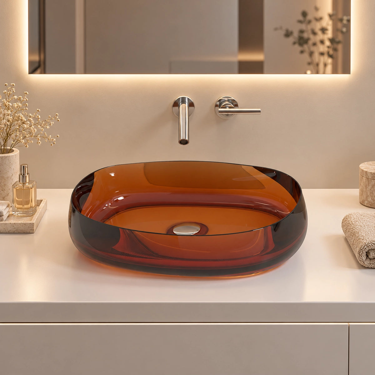 Orange-red oval resin vessel bathroom sink displayed on a modern vanity countertop