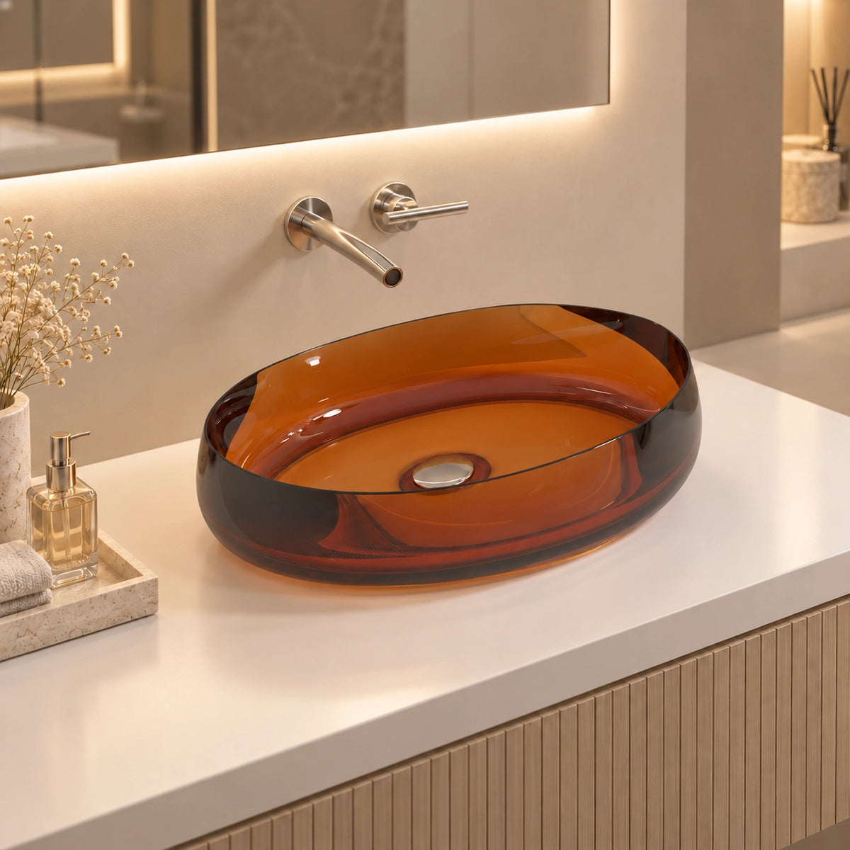 Orange-red oval resin vessel sink shown on a bathroom vanity with a wall-mounted faucet