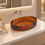 Orange-red oval resin vessel sink shown on a bathroom vanity with a wall-mounted faucet