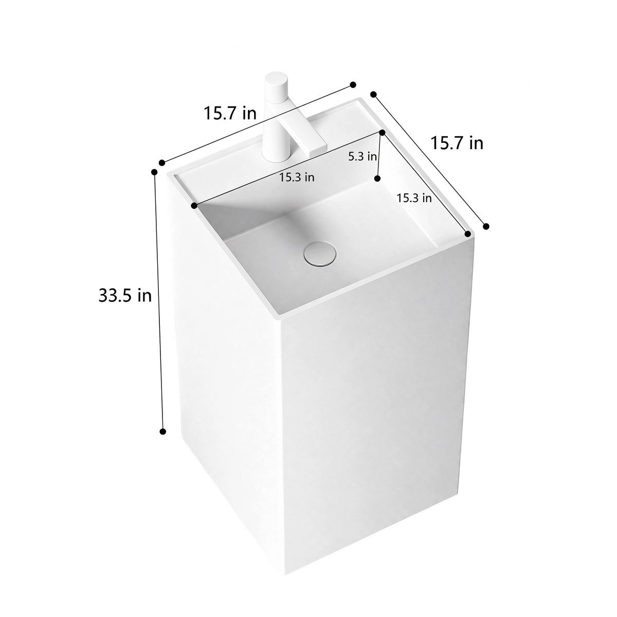 Dimensions of a white square-basin freestanding bathroom sink, 15.7 inches wide, 15.7 inches deep, and 33.5 inches high