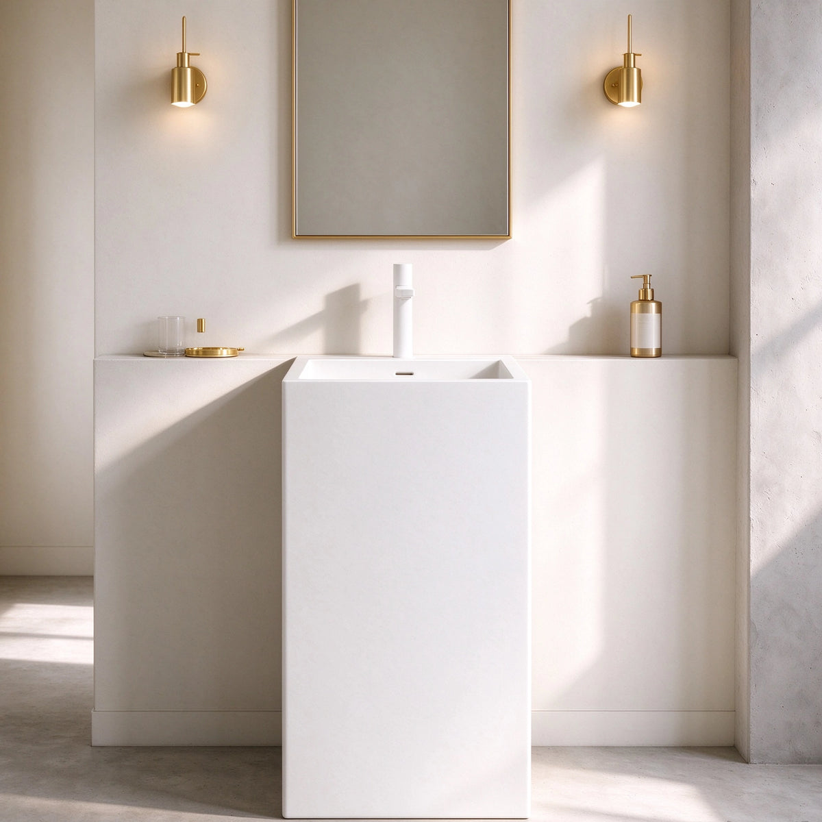 White freestanding bathroom sink with a square basin in a modern bathroom setting