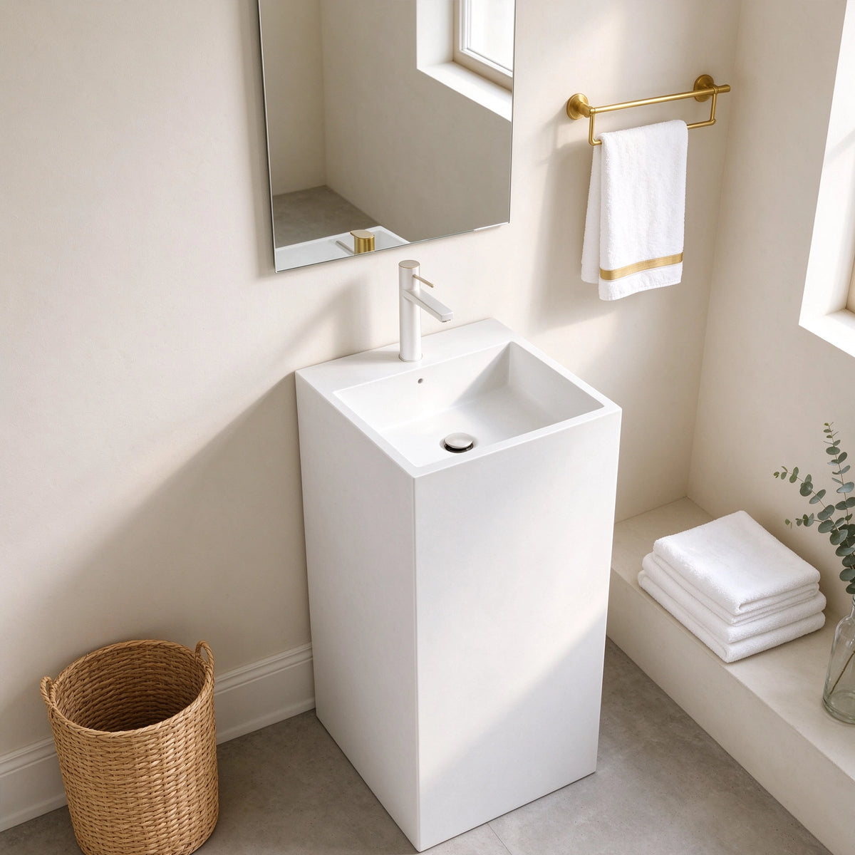 White square-basin pedestal bathroom sink shown in a bright bathroom corner