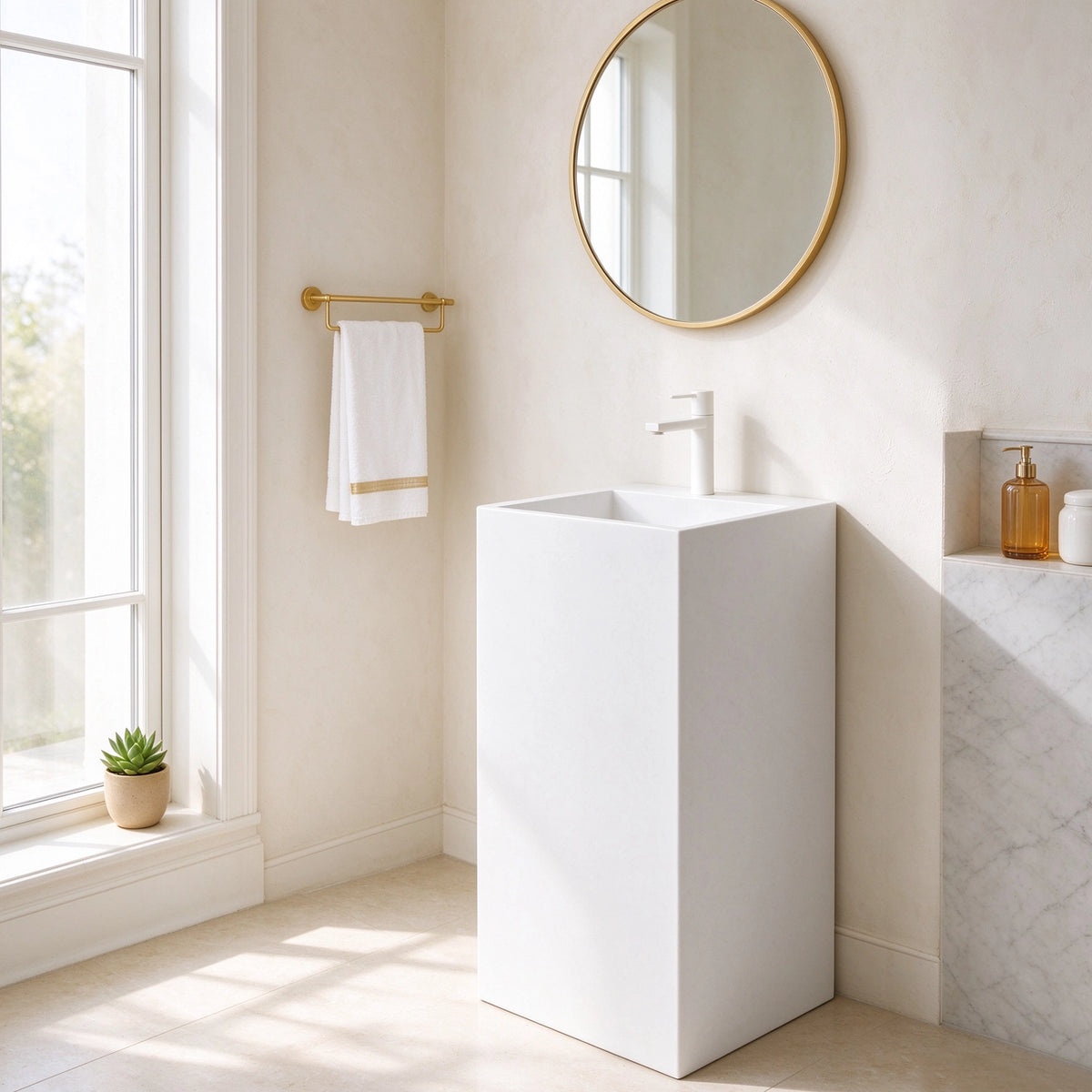 White square-basin freestanding bathroom sink positioned against a wall in a bright bathroom