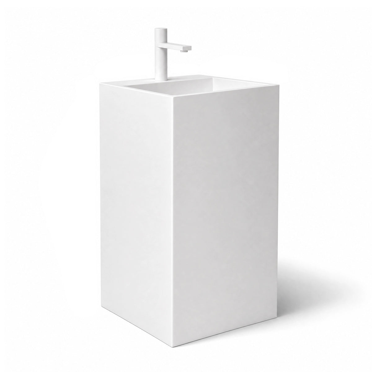 White freestanding bathroom sink with a square basin and floor-mounted pedestal design