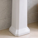 Close-up of the decorative ceramic pedestal base on a white bathroom sink