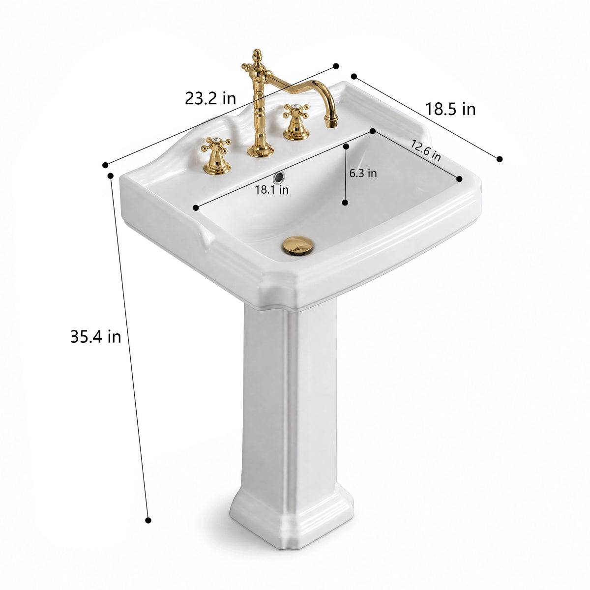 White ceramic rectangular pedestal bathroom sink, 23.2" W × 18.5" D × 35.4" H, 18.1" W × 12.6" D basin, 6.3" deep