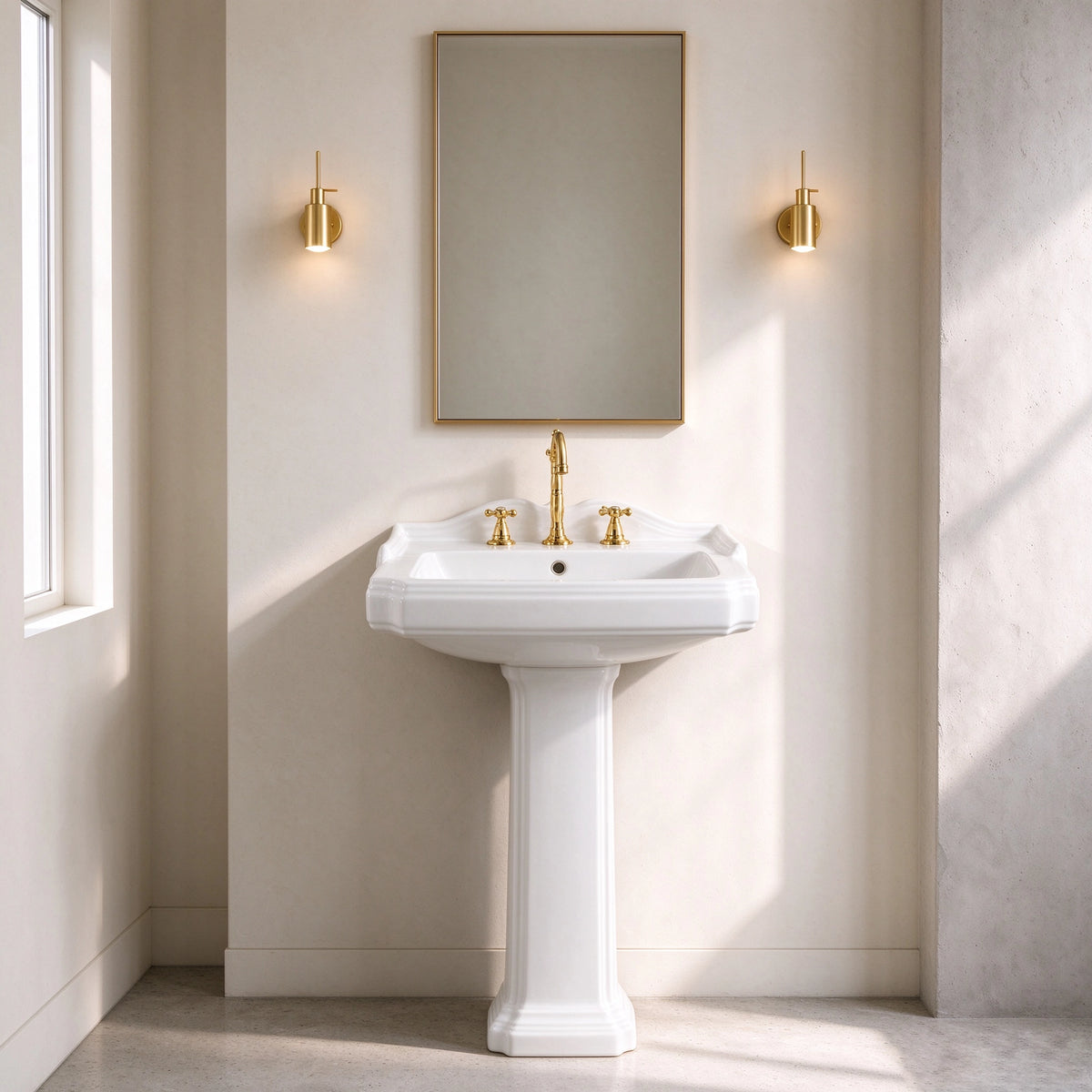 White ceramic rectangular pedestal bathroom sink with three-hole faucet in a classic bathroom setting
