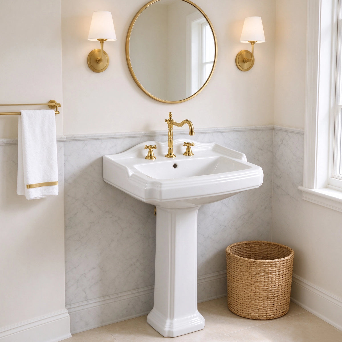 White ceramic pedestal bathroom sink with rectangular basin in an elegant bathroom