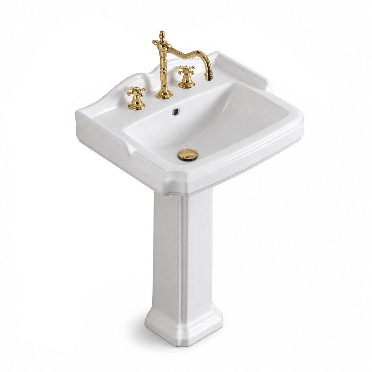 White ceramic rectangular pedestal bathroom sink with three-hole faucet