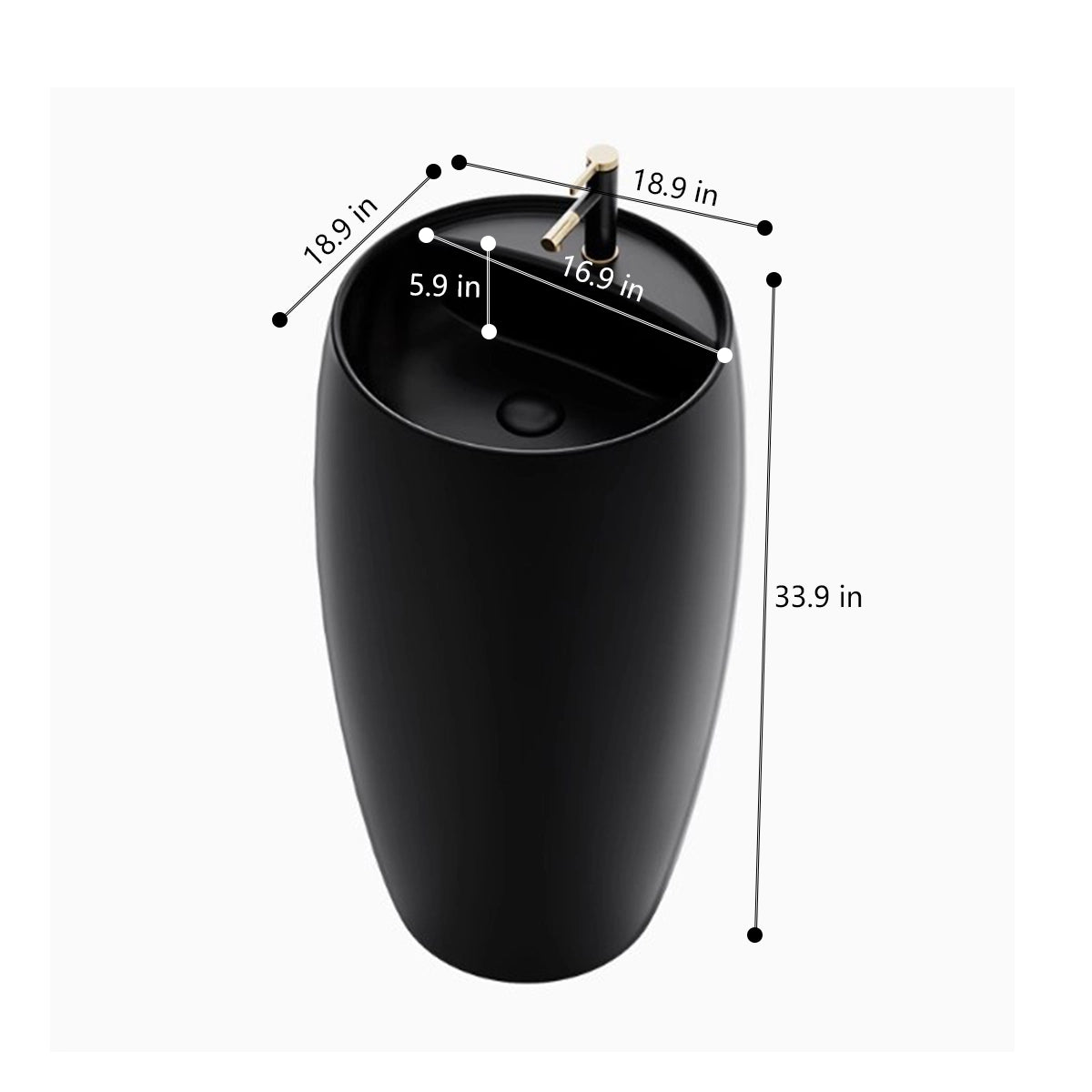 Black ceramic round pedestal bathroom sink, 18.9" Dia × 33.9" H, with 16.9" basin diameter and 5.9" basin depth