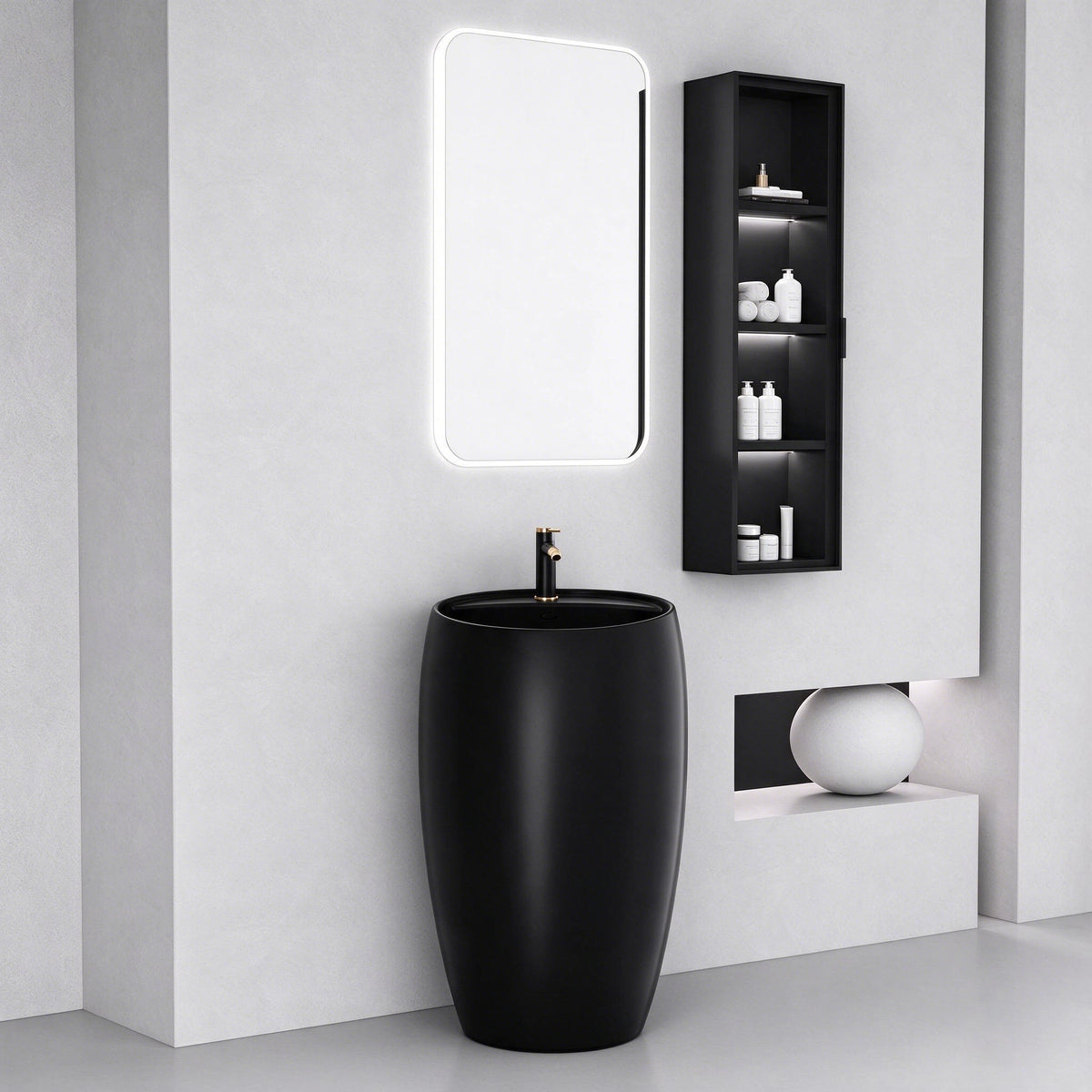 Black ceramic round pedestal bathroom sink with a modern freestanding design