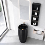 Black ceramic round pedestal bathroom sink with a freestanding floor-mounted design