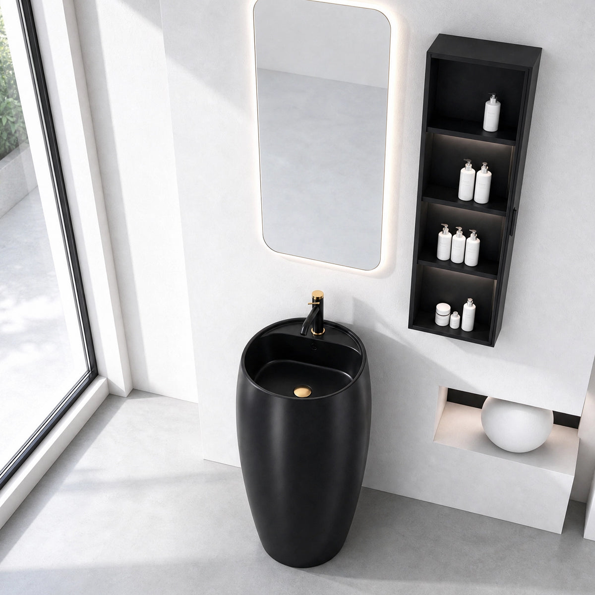 Black ceramic round pedestal bathroom sink with a freestanding floor-mounted design