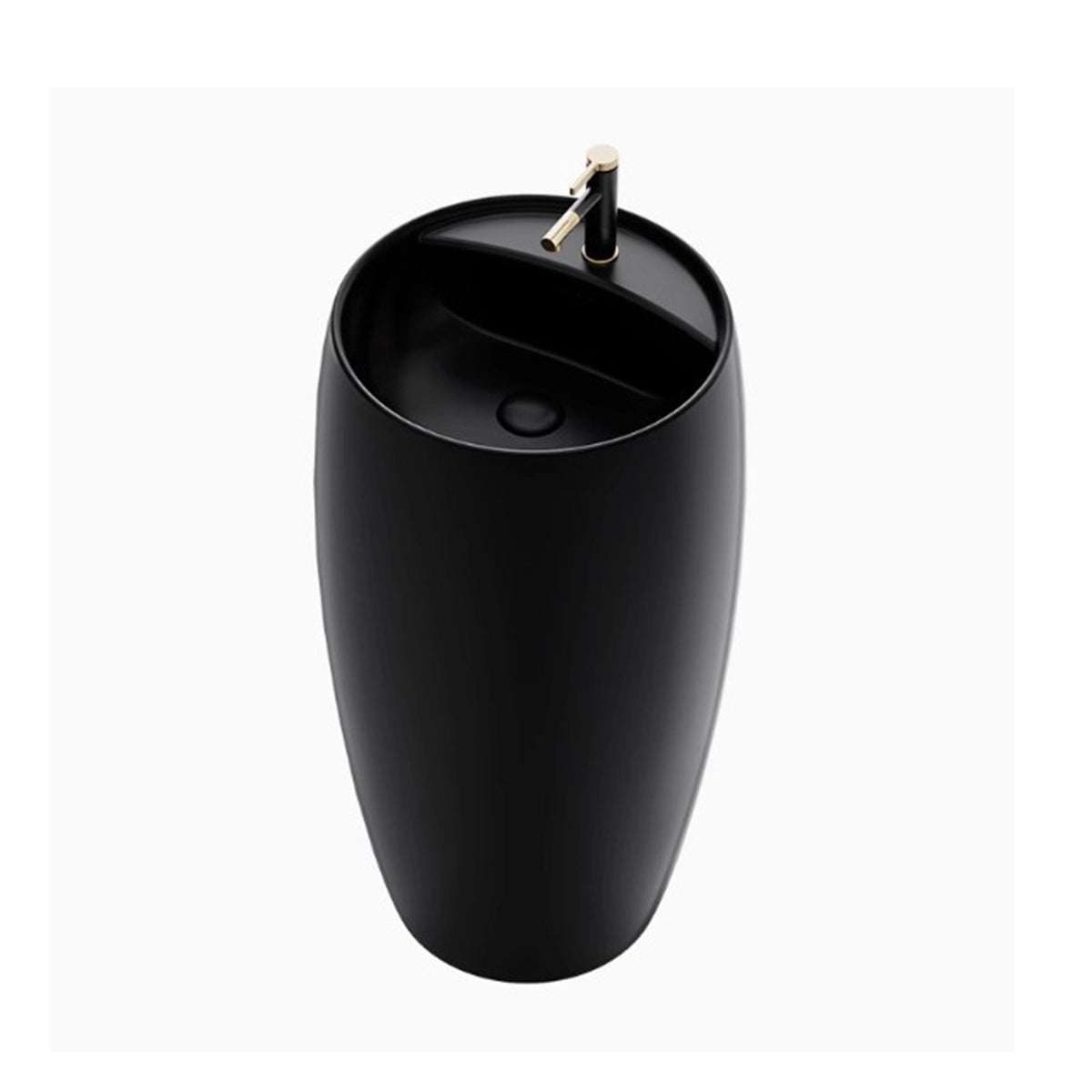 Black ceramic round pedestal bathroom sink with black and gold faucet