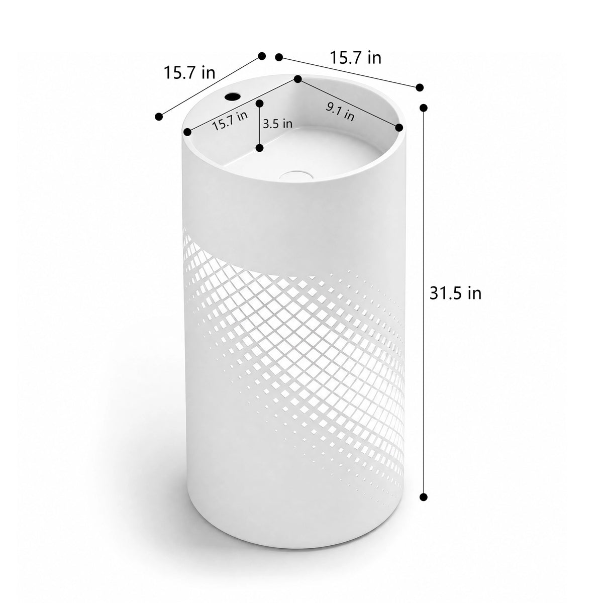 White stainless steel pedestal bathroom sink dimensions: 15.7" Dia × 31.5" H overall, 15.7" W × 9.1" D basin, 3.5" basin depth