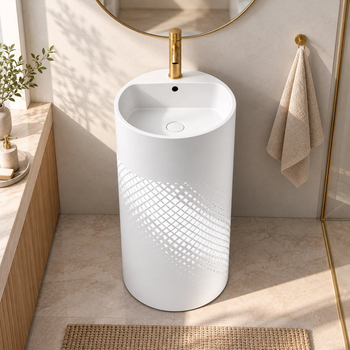White stainless steel pedestal bathroom sink with fan-shaped basin and cylindrical base in a modern bathroom