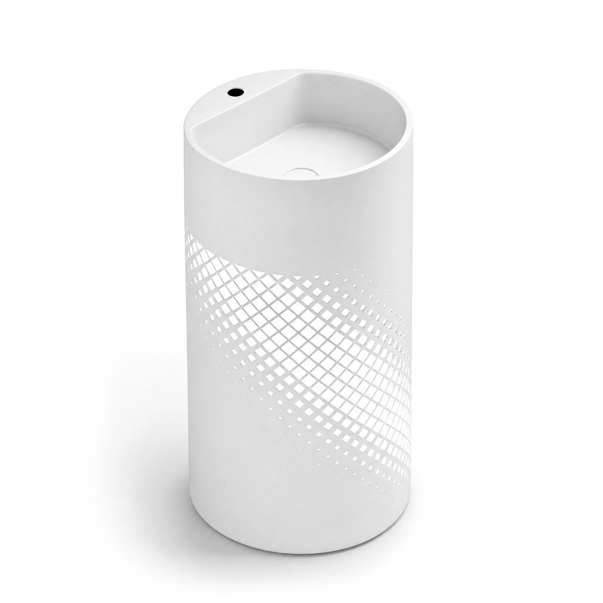 White stainless steel pedestal bathroom sink with fan-shaped basin and decorative diamond pattern