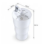 White ceramic oval pedestal bathroom sink dimensions: 16.5" Dia × 33.1" H, basin 15.7" W × 12.2" D, 5.7" deep