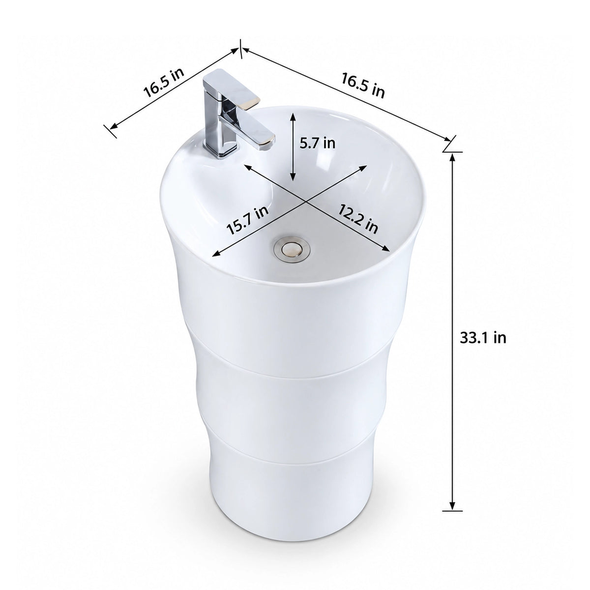 White ceramic oval pedestal bathroom sink dimensions: 16.5" Dia × 33.1" H, basin 15.7" W × 12.2" D, 5.7" deep