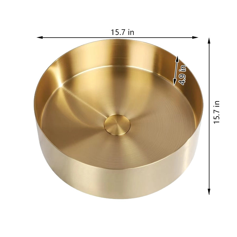 Gold round stainless steel vessel sink dimensions showing 15.7-inch diameter and 4.9-inch depth